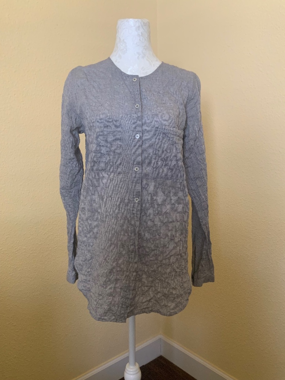 Margaret O'Leary Gauze Crinkle Cut Button Down Shirt in Light Gray